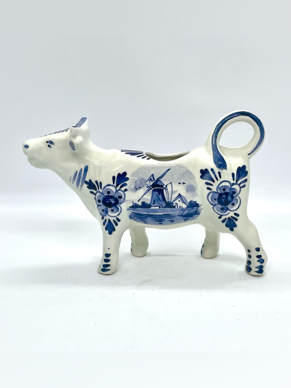 Vintage Delft Cow Creamer Blue & White Hand-painted Floral & Windmill Holland